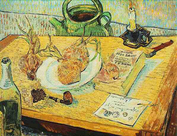 Vincent van Gogh (1889). Natura morta amb taulell de dibuix, pipa, cebes i lacre. Kröller-Müller Museum, Otterlo.