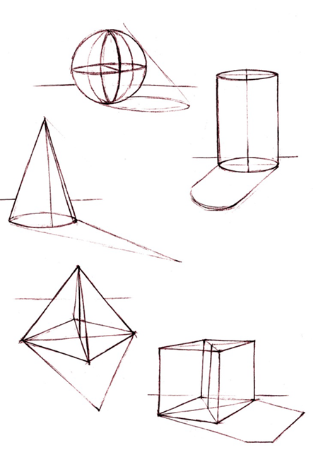 Figura 31. Cuerpos geométricos básicos: cubo, esfera, pirámide, cilindro y cono.