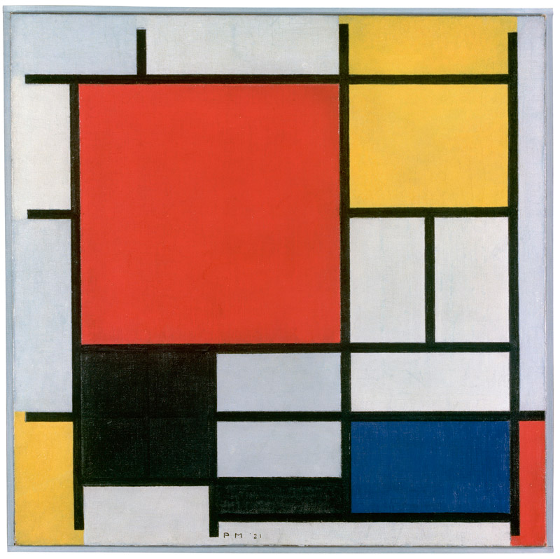 P. Mondrian (1921). Composició en vermell, groc, blau i blanc. Gemeentemuseum Den Haag, Països Baixos.
